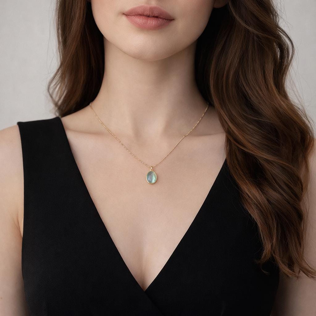 925 Sterling Silver Oval Sea Blue Cat Eye Pendant Necklace, Minimalist Lock Bone Chain