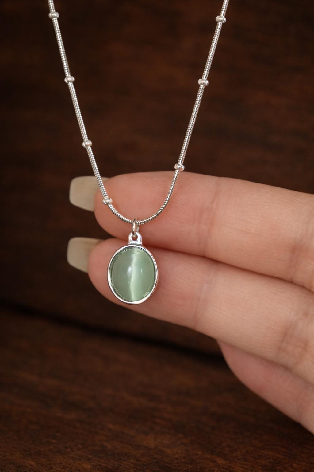 925 Sterling Silver Oval Sea Blue Cat Eye Pendant Necklace, Minimalist Lock Bone Chain