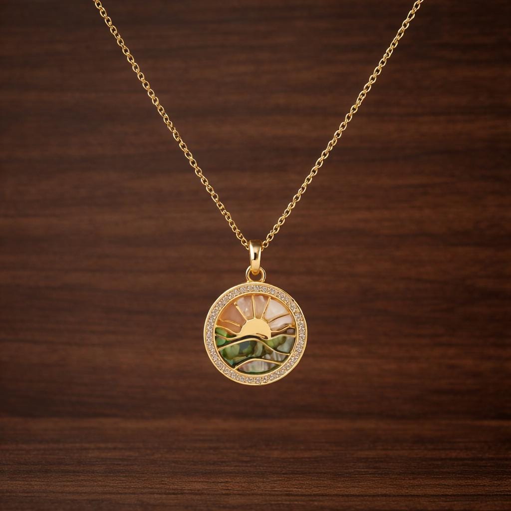 Abalone Shell Sunrise Necklace, Crystal Border Round Pendant, Ocean Inspired Summer Jewelry