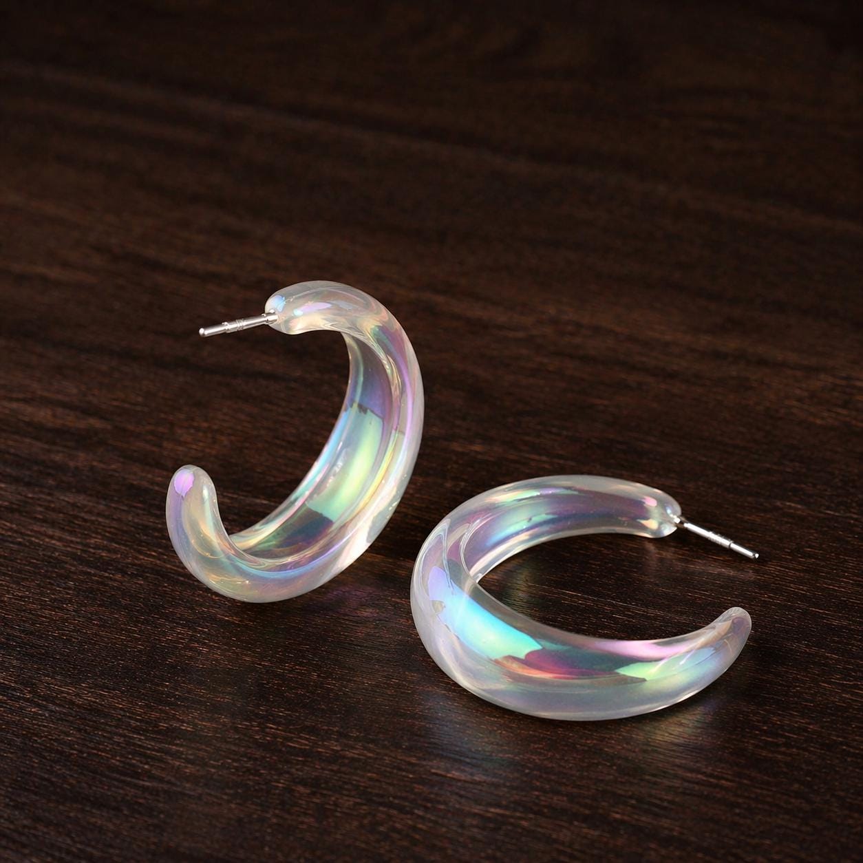 Transparent C-Shaped Hoop Earrings, Mermaid Iridescent Acrylic Lightweight Fashion Jewelry