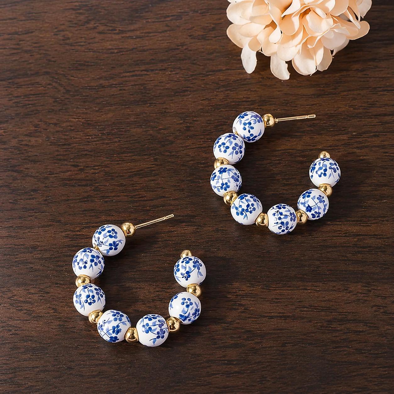 Blue White Porcelain C-Shaped Hoop Earrings, Alloy Daily Jewelry