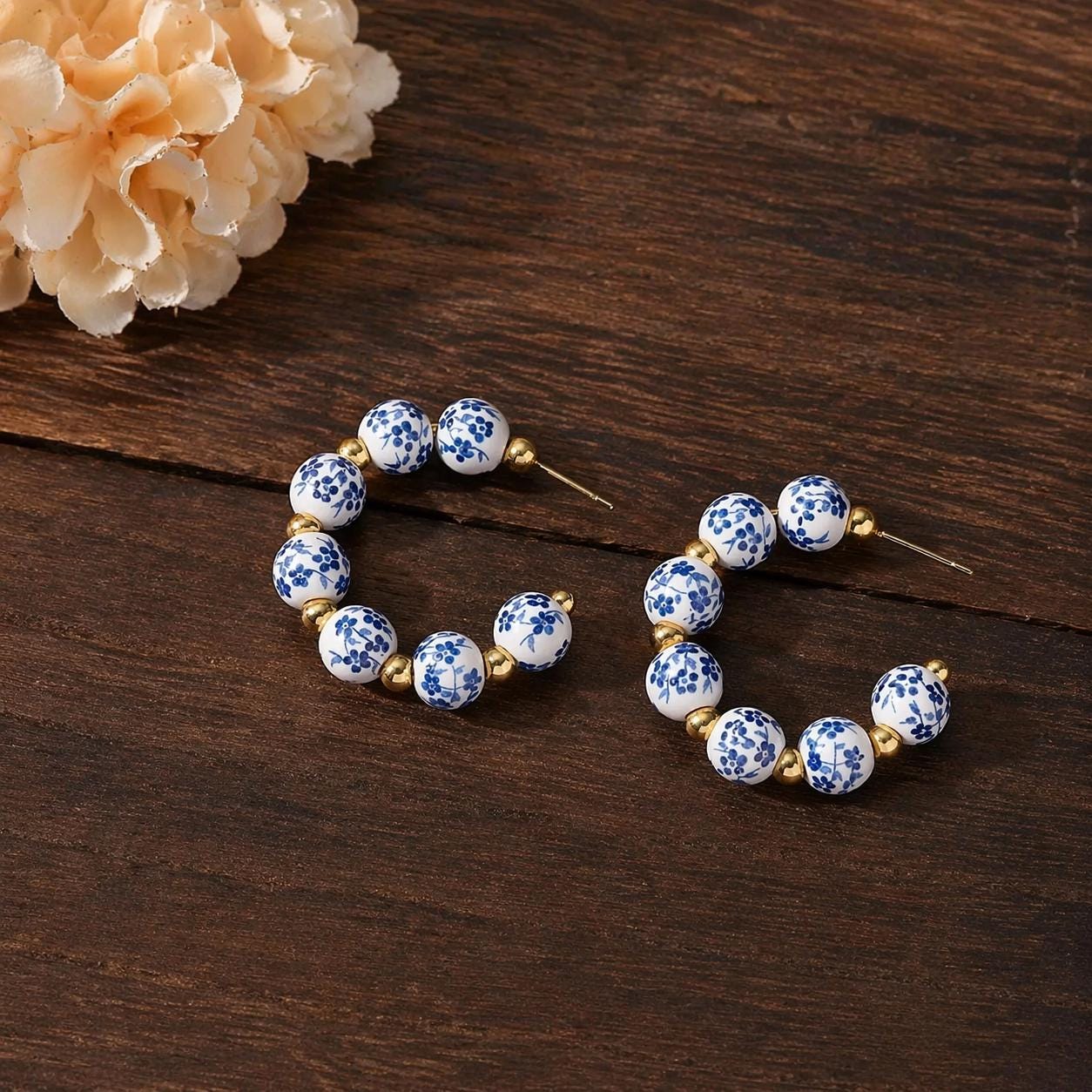 Blue White Porcelain C-Shaped Hoop Earrings, Alloy Daily Jewelry