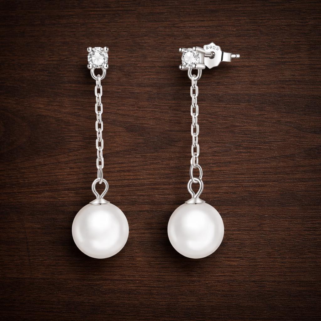 925 Sterling Silver Pearl Drop Earrings, White Gold Plated Dangle Bridal Jewelry