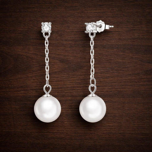 925 Sterling Silver Pearl Drop Earrings, White Gold Plated Dangle Bridal Jewelry