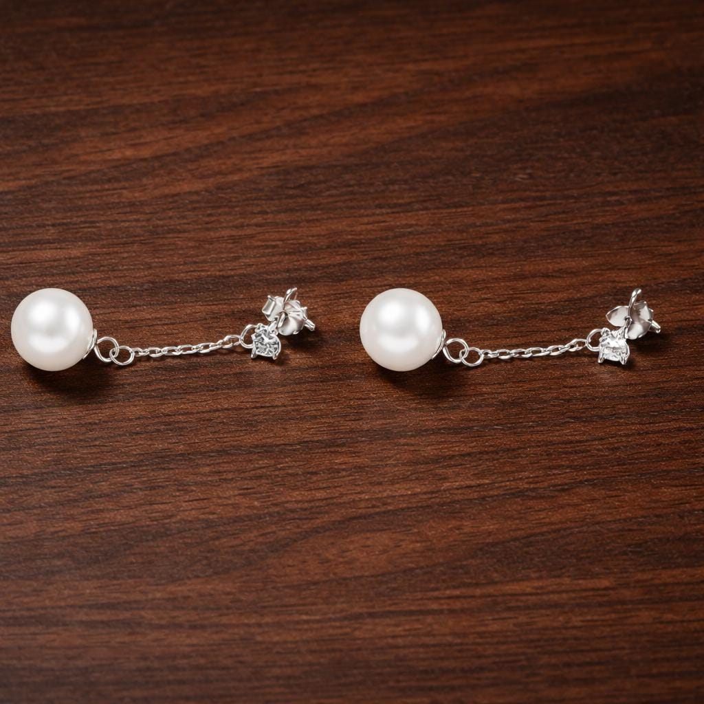 925 Sterling Silver Pearl Drop Earrings, White Gold Plated Dangle Bridal Jewelry