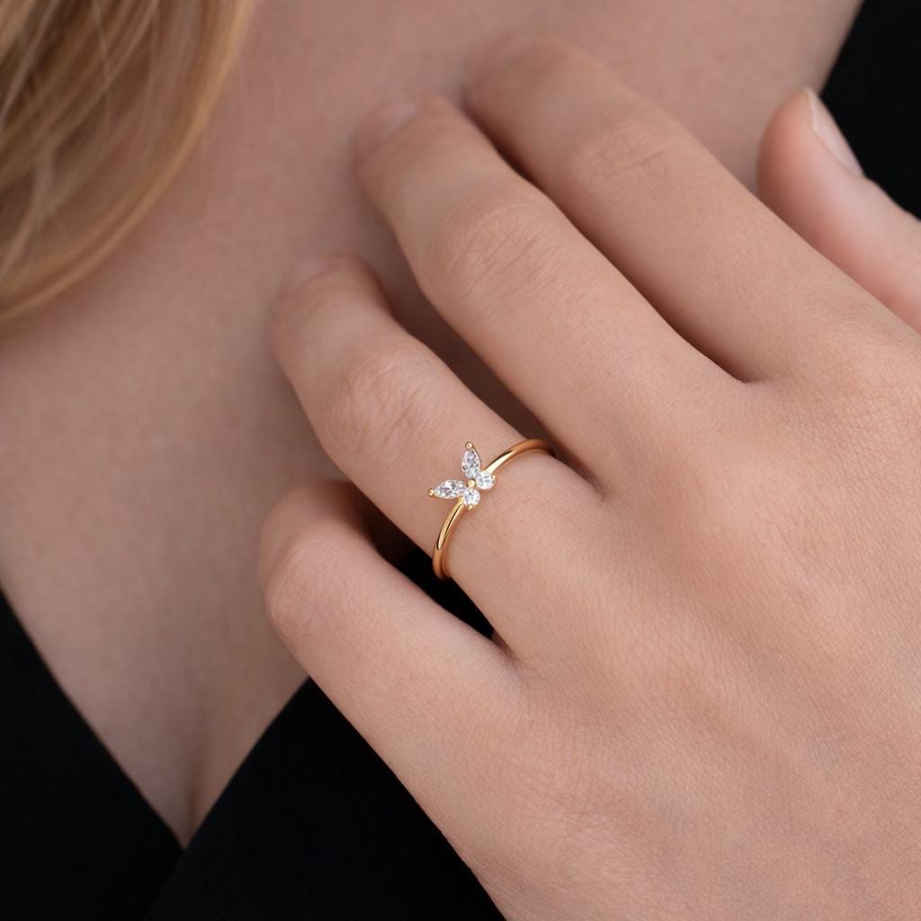 Birthstone Butterfly Ring, Zircon Stone, Stainless Steel, Minimalist Fashion Jewelry