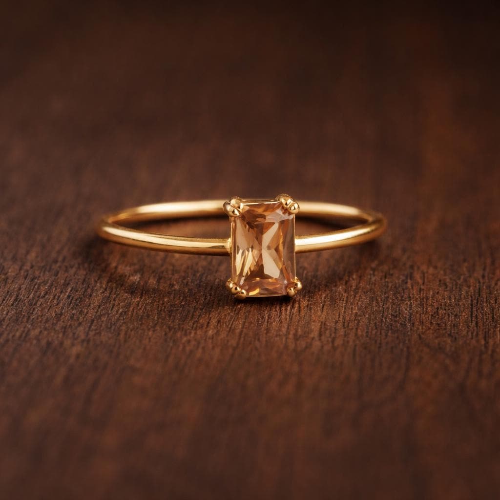 Champagne Square Zircon Ring, Minimalist Gold Plated Brass Statement Jewelry