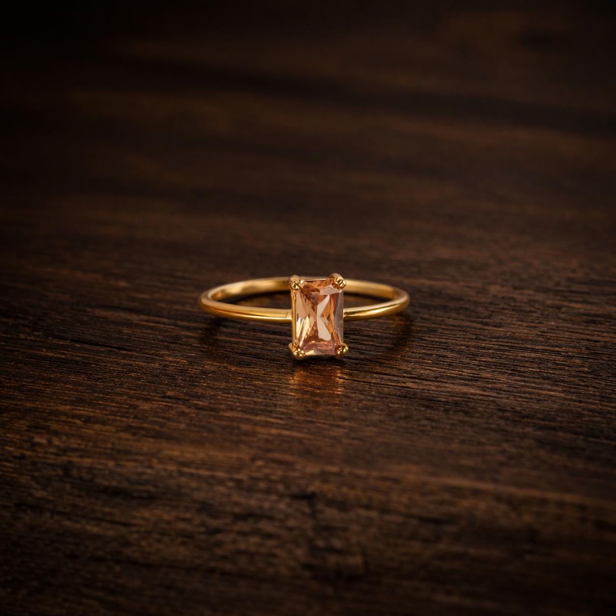 Champagne Square Zircon Ring, Minimalist Gold Plated Brass Statement Jewelry