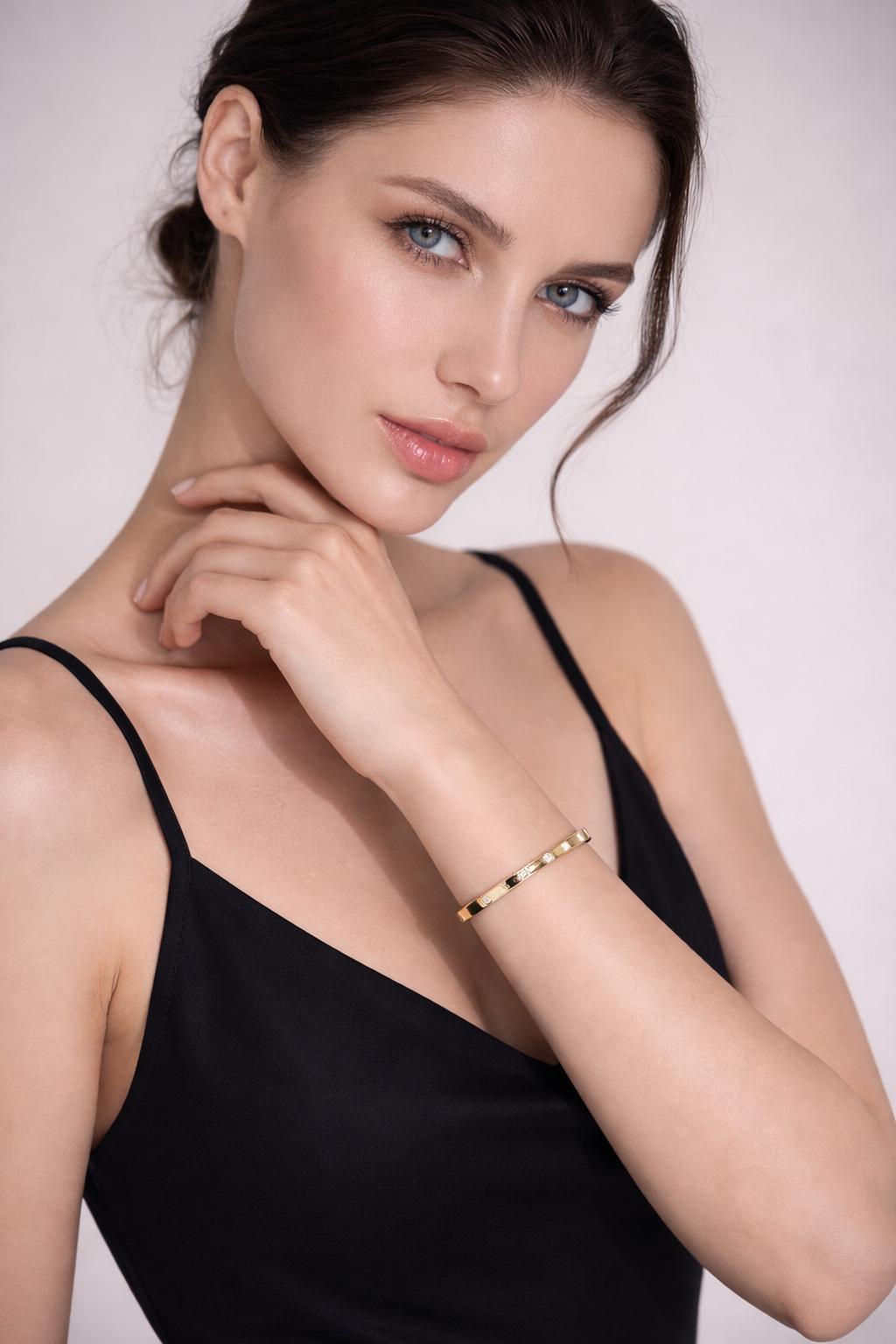 18K Gold Plated Stainless Steel Bangle Bracelet, Cubic Zirconia Minimalist Charm Jewelry