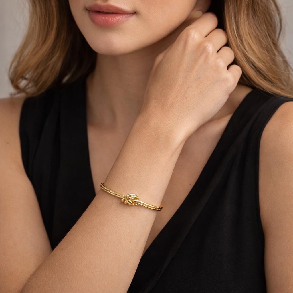 18K Gold PVD Plated Knot Open Cuff Bracelet – Minimalist Stainless Steel Bangle