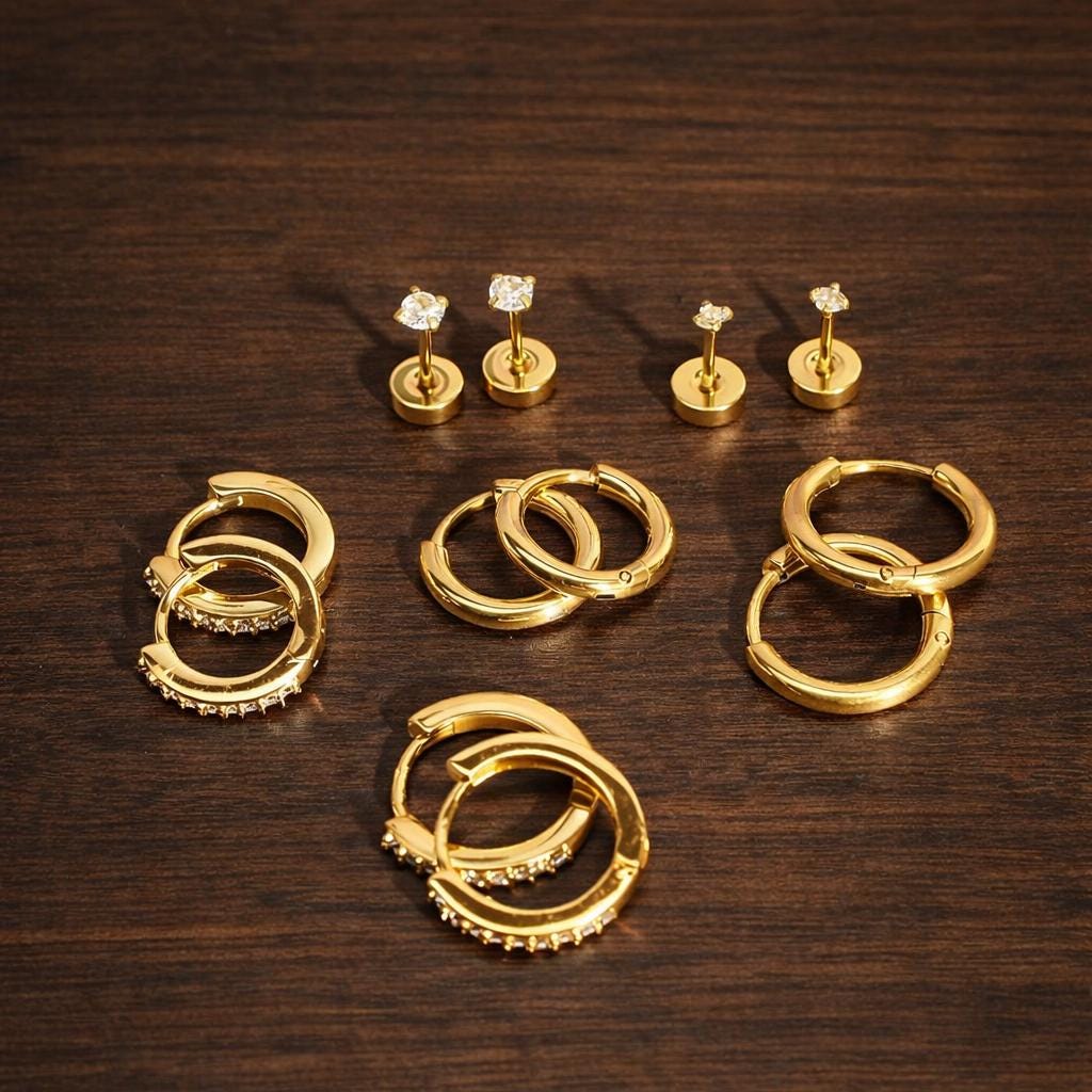 6 Pairs Moon Stud & Huggie Hoop Earrings Set, Stainless Steel CZ Hypoallergenic Cartilage Jewelry