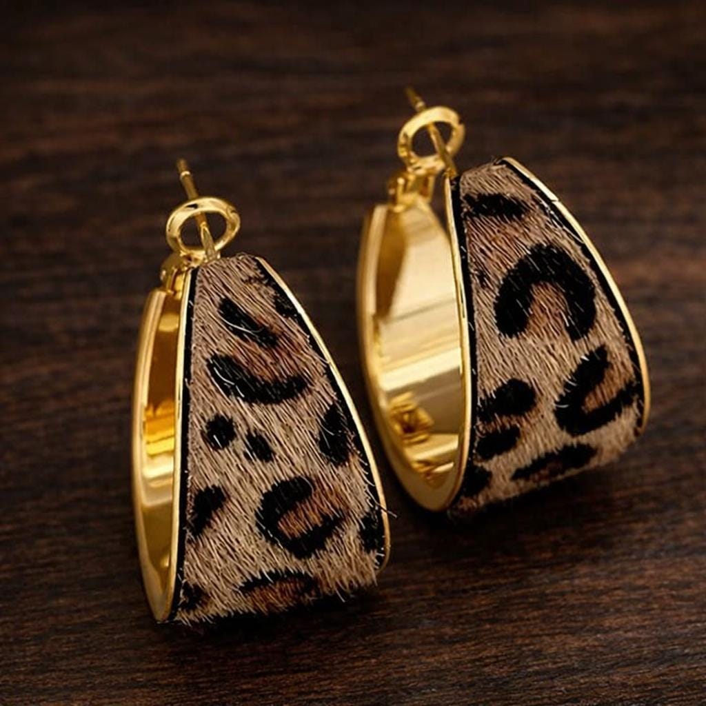 Vintage Leopard Print Flocked Fabric Hoop Earrings, Elegant Statement Party Jewelry
