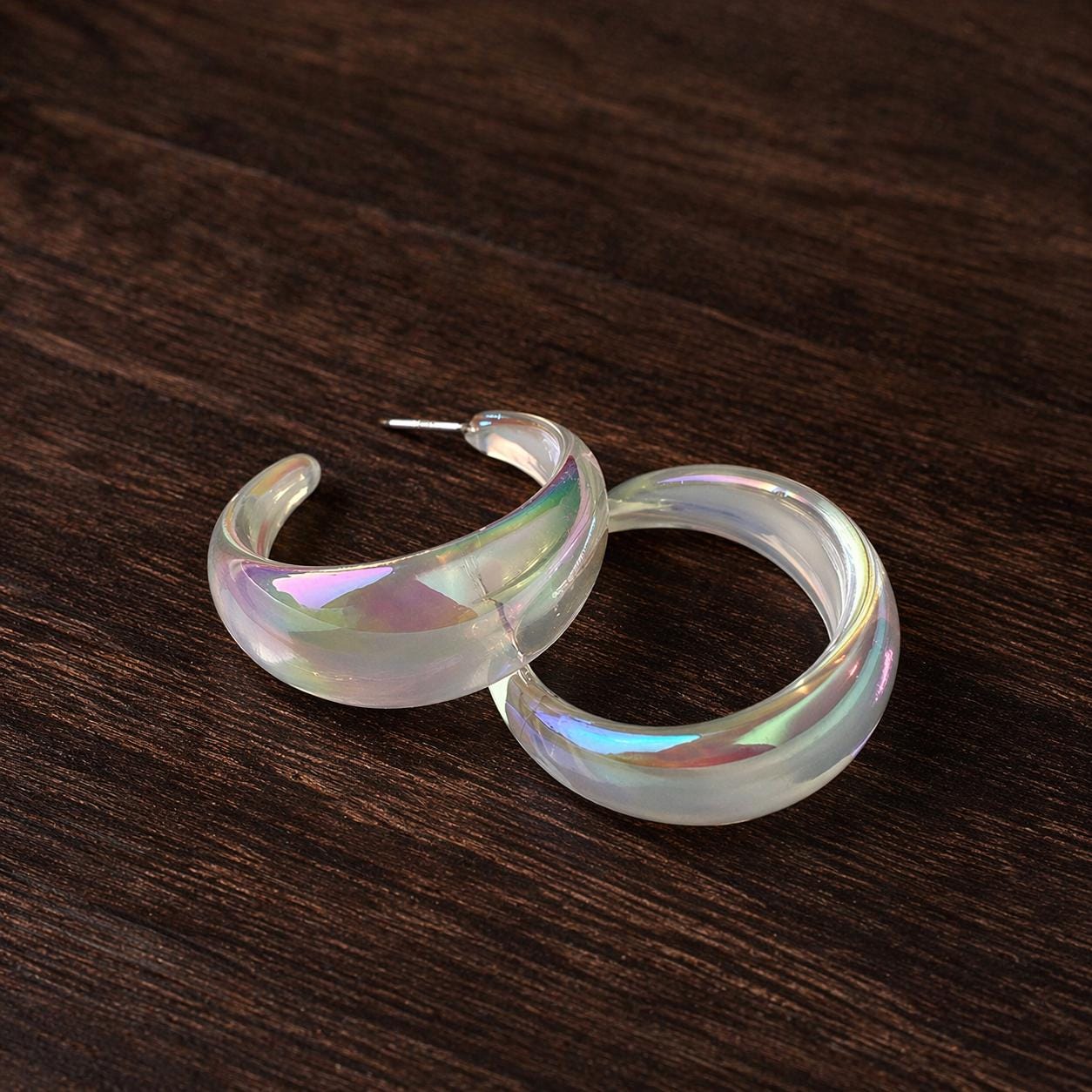 Transparent C-Shaped Hoop Earrings, Mermaid Iridescent Acrylic Lightweight Fashion Jewelry