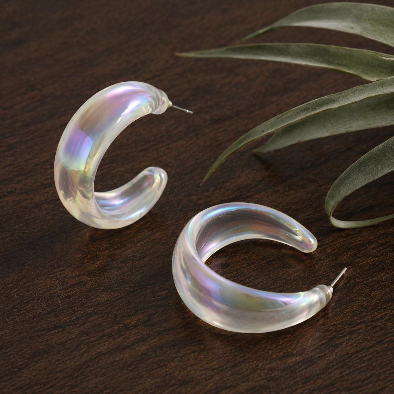 Transparent C-Shaped Hoop Earrings, Mermaid Iridescent Acrylic Lightweight Fashion Jewelry