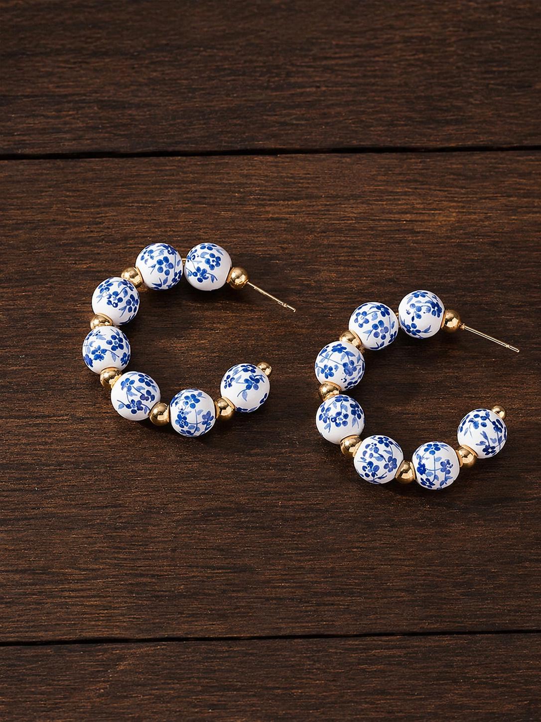 Blue White Porcelain C-Shaped Hoop Earrings, Alloy Daily Jewelry