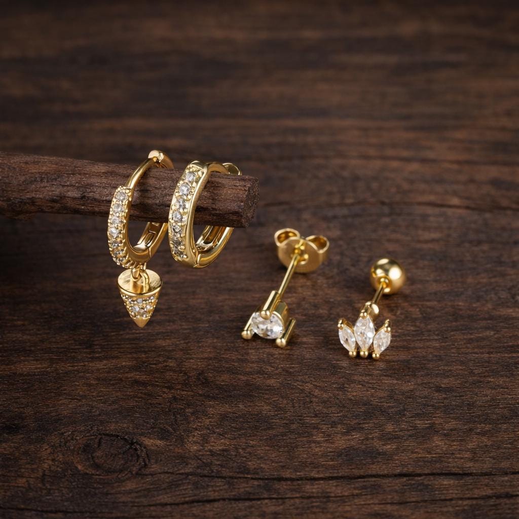 4PC Zircon Spike Cone Hoop Earrings, Stainless Steel Stackable Studs, Punk Hip Hop Jewelry