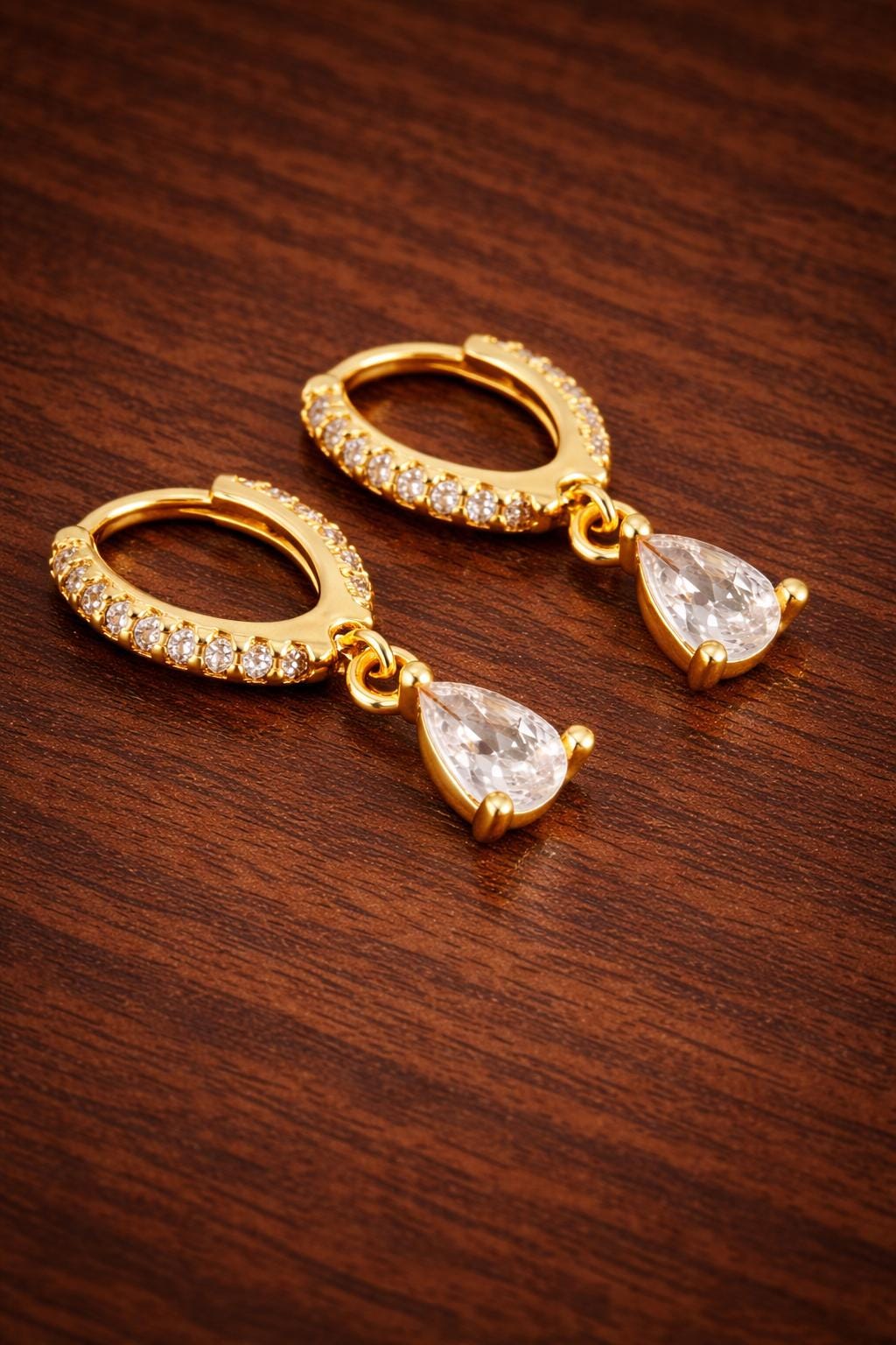 14K Gold Plated Teardrop Hoop Earrings with Zircon Stones – Minimalist Dangle Jewelry